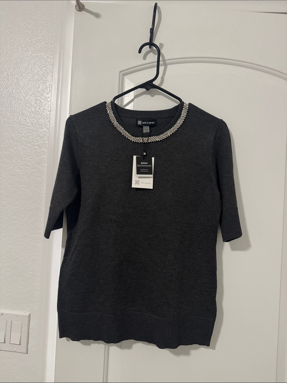 Cable & Gauge Black Crewneck Sweater with Beaded Trim